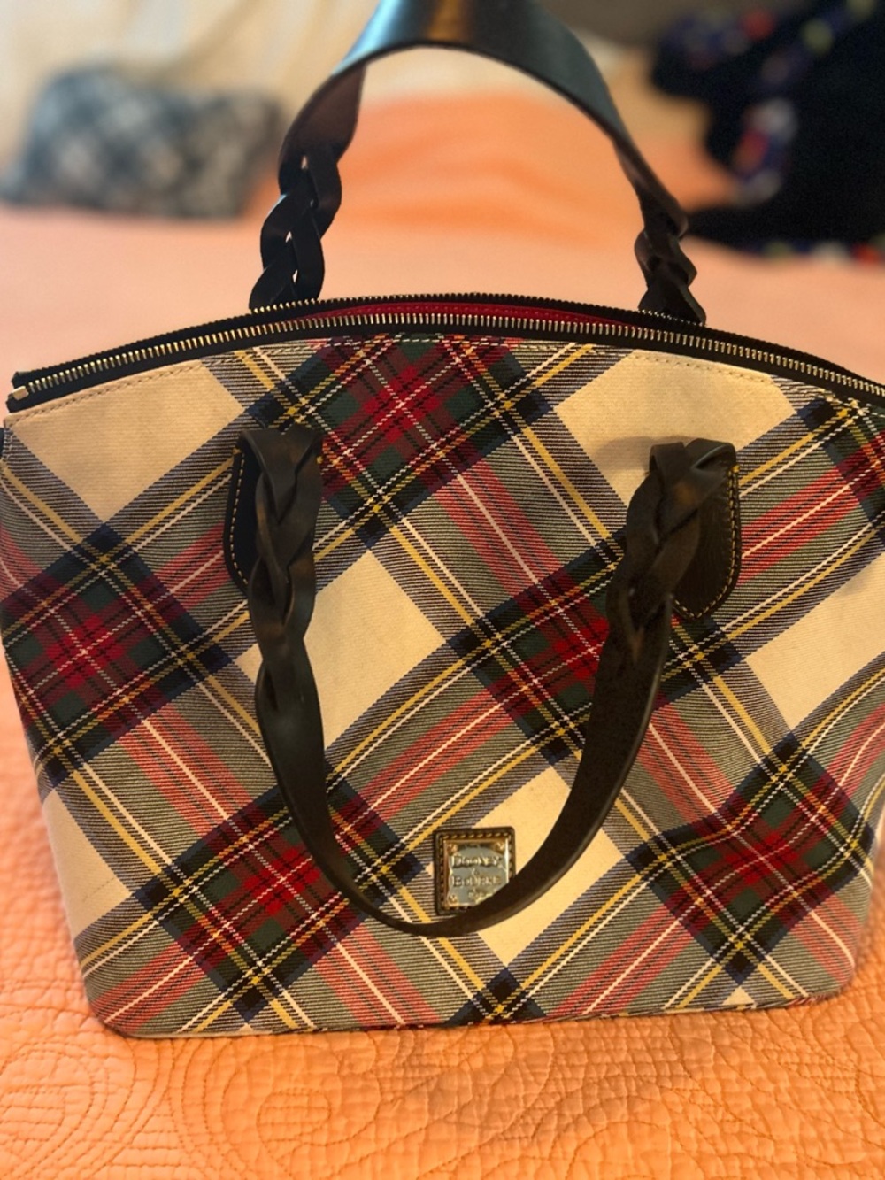 Dooney & Bourke Multicolor Plaid Tote with Braided Black Handles